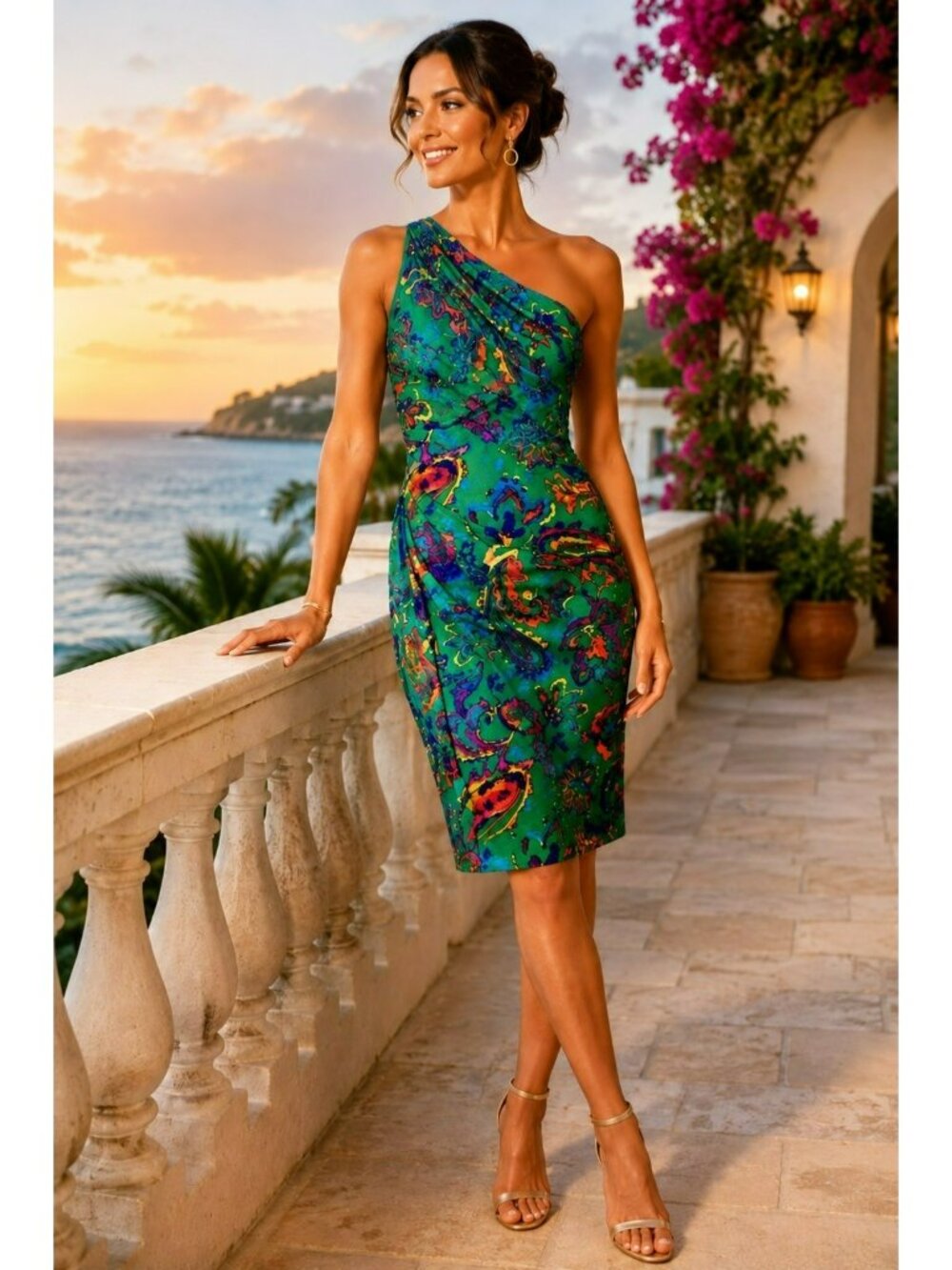 Lauren Ralph Lauren One-Shoulder Green Floral Print Dress Size 2 Polyester Blend - Picture 1 of 13